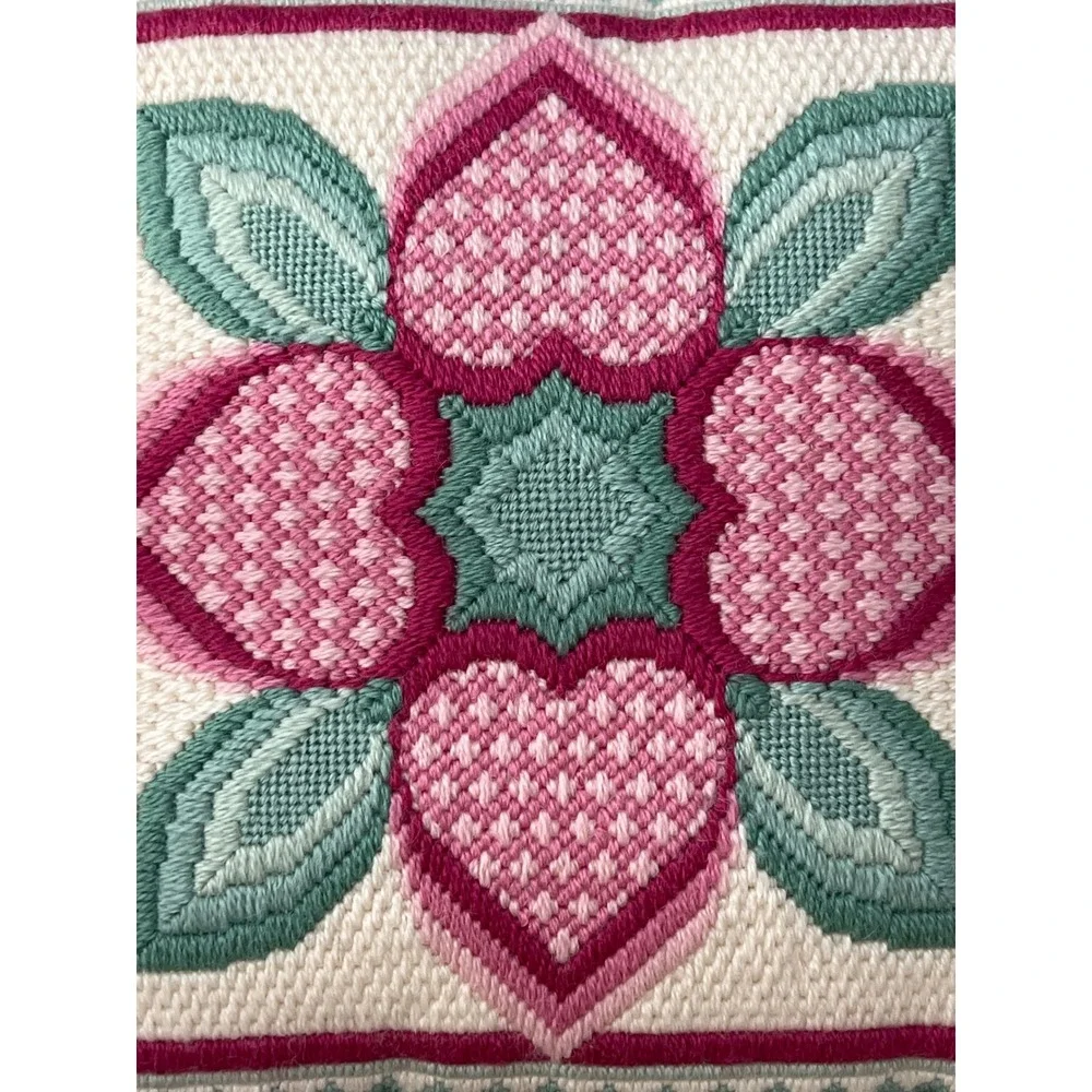 Vintage 90s Crochet Pink Green Floral Decorative Pillow Cottagecore Grannycore